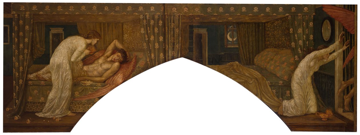 Cupido en Psyche - Palace Green Muurschilderingen - Psyche houdt de Lamp en kijkt naar het Gezicht van... door Sir Edward Coley Burne Jones