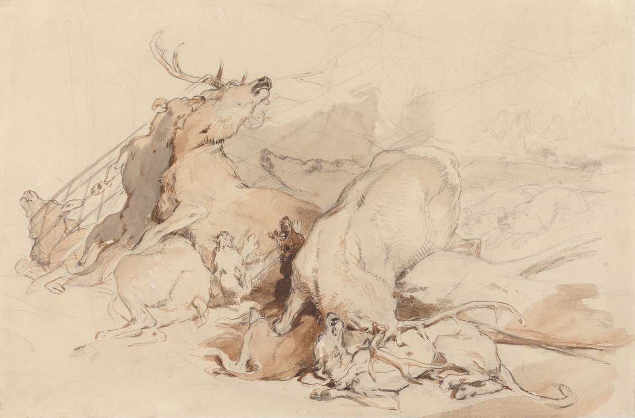 Honden en jagers die herten aanvallen door Sir Edwin Henry Landseer