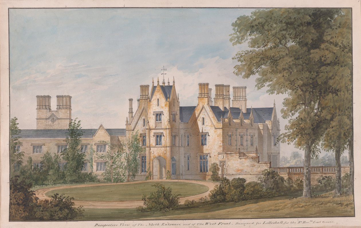 Lilleshall, Shropshire: Uitzicht op de noordelijke ingang en de westelijke gevel door Sir Jeffry Wyatville