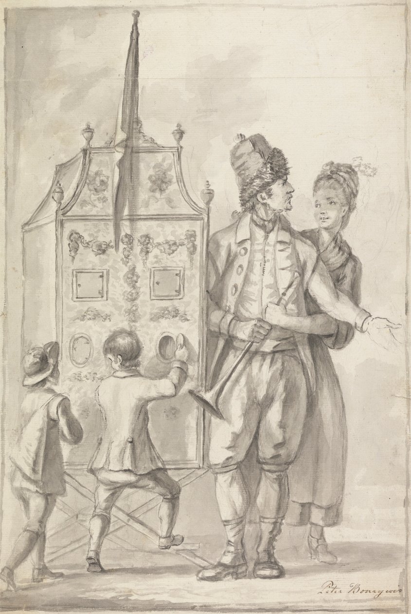 Studie van een kijkdoos met twee begeleidende figuren en twee kinderen door Sir Peter Francis Bourgeois