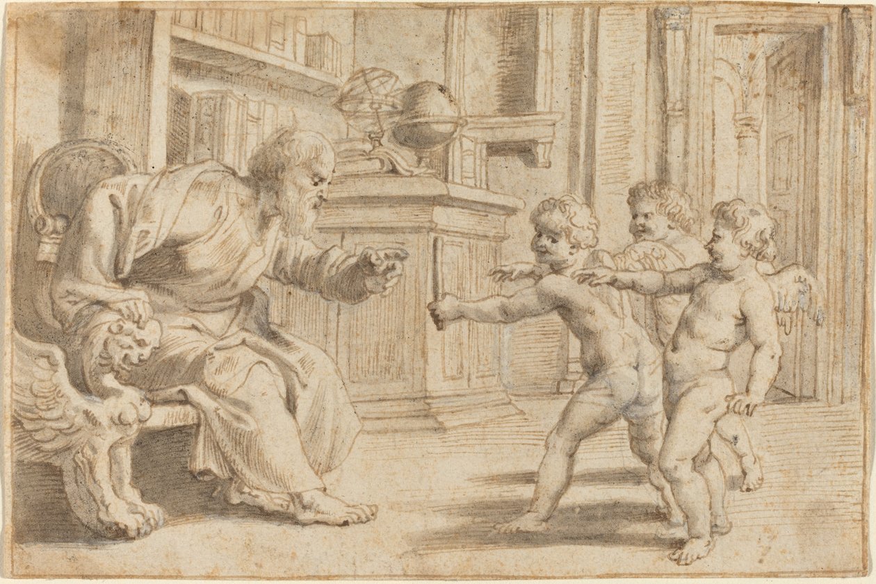 Putti Testen de Dieptewaarneming van een Man door Sir Peter Paul Rubens