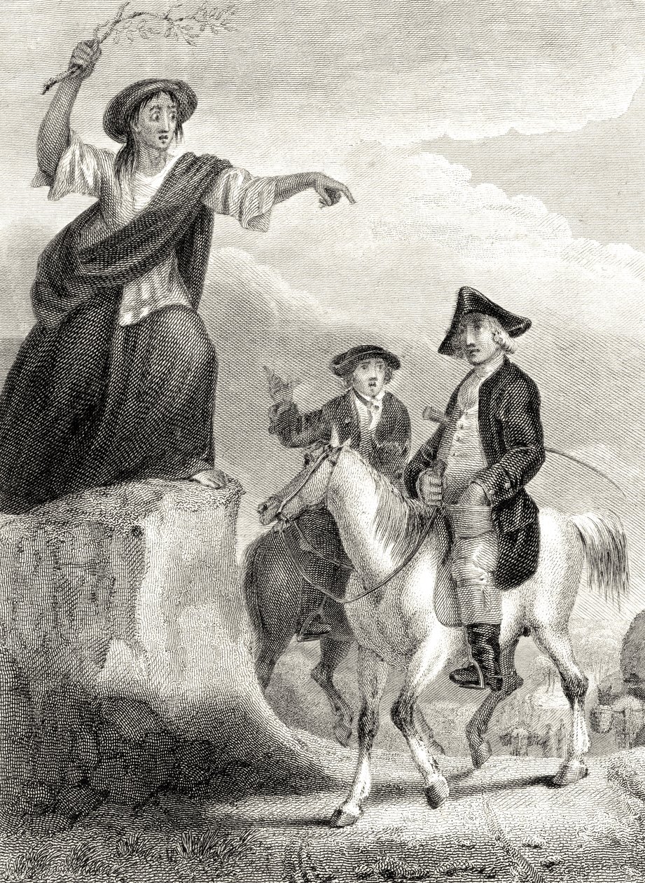 Meg Merrilies voorspelt de val van het huis van Ellangown, illustratie uit 