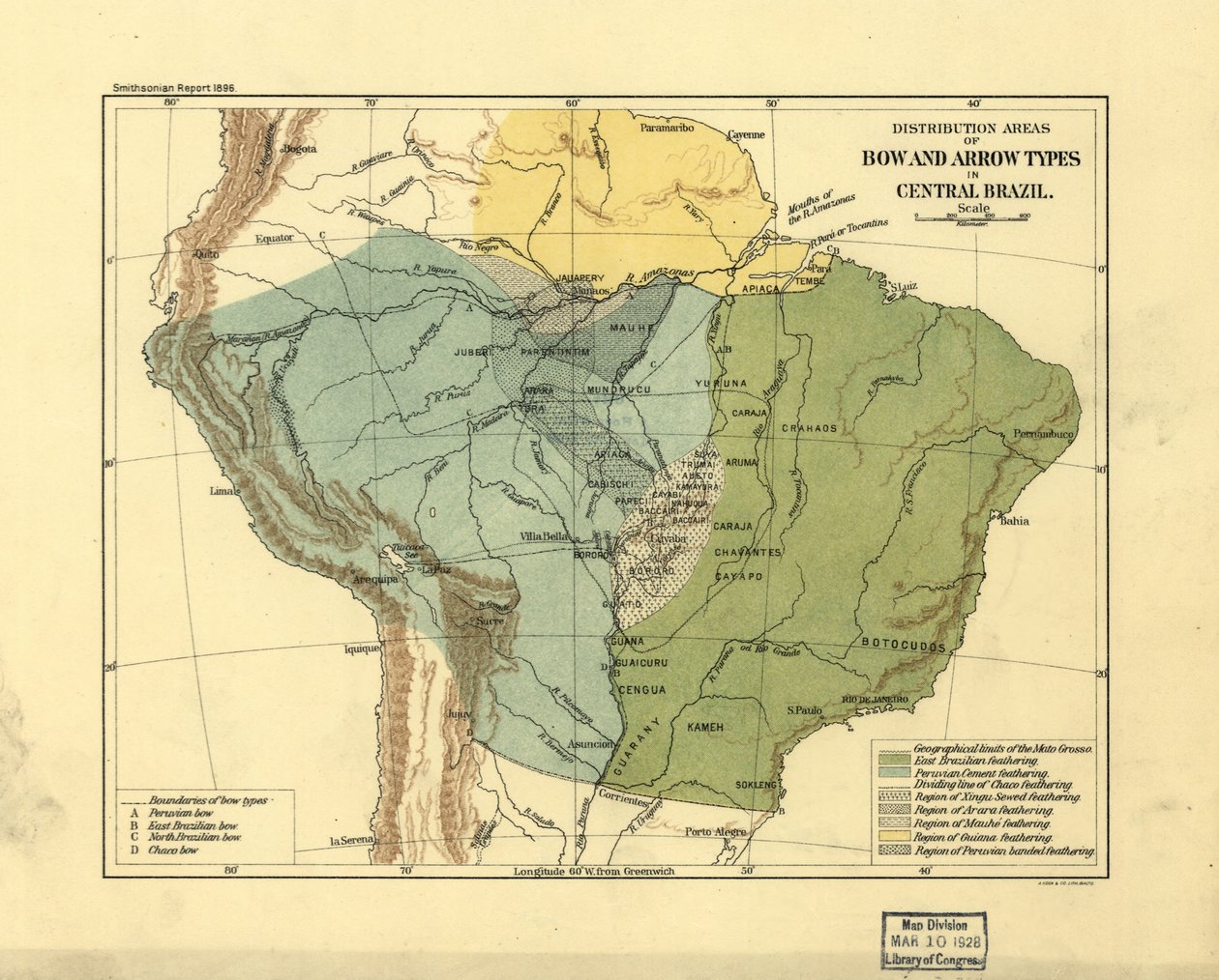 Verspreidingsgebieden voor pijl en boog soorten in centraal Brazilië. LOC 2003627075 door Smithsonian Institution