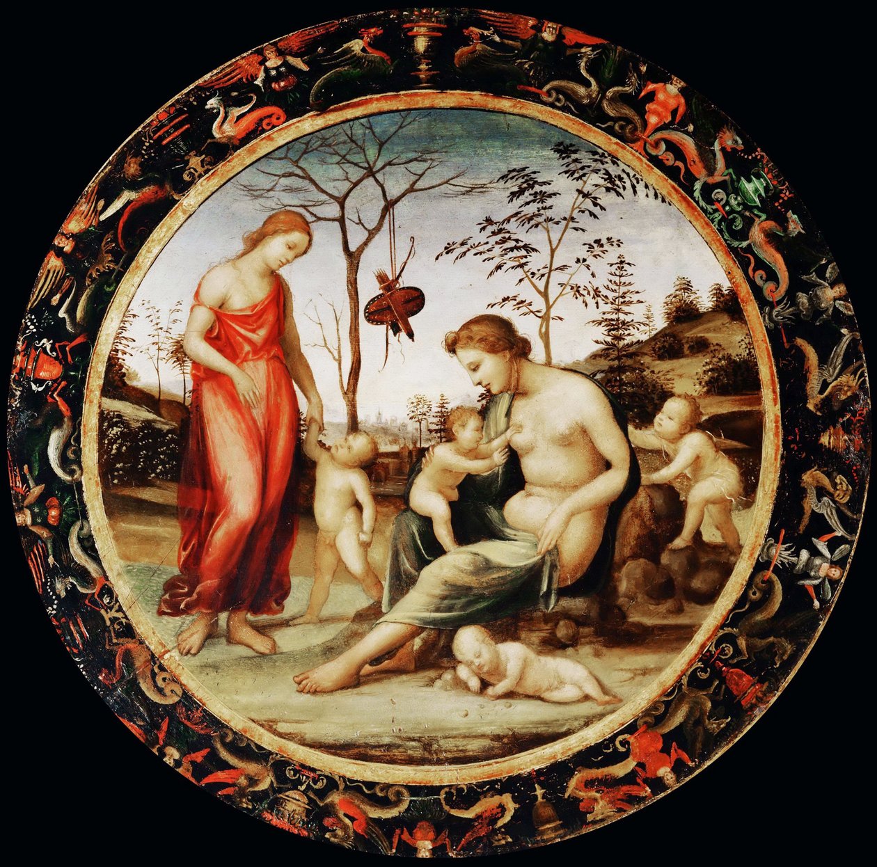 Allegorie van de liefde Venus terrestre met Eros en Venus celeste met Anteros en twee cupido