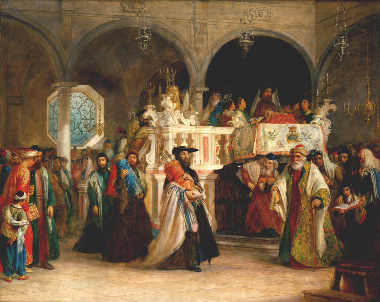 Het feest van de vreugde van de Thora in de synagoge in Livorno, Italië door Solomon Alexander Hart
