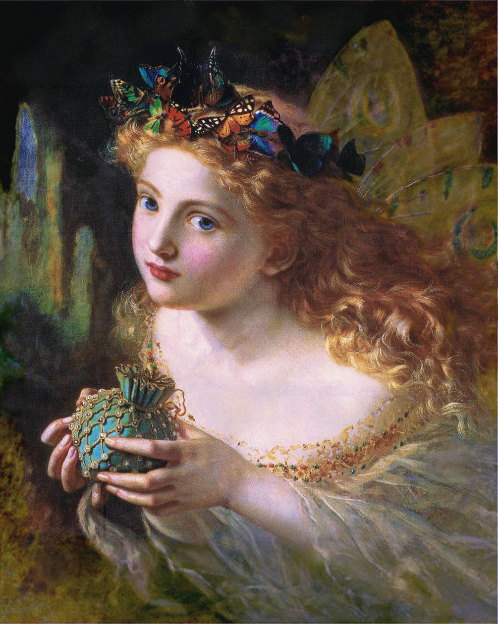 Neem het eerlijke gezicht van een vrouw en hang het zachtjes op, met vlinders, bloemen en juwelen erbij. Zo is je fee gemaakt van de mooiste dingen. door Sophie Gengembre Anderson