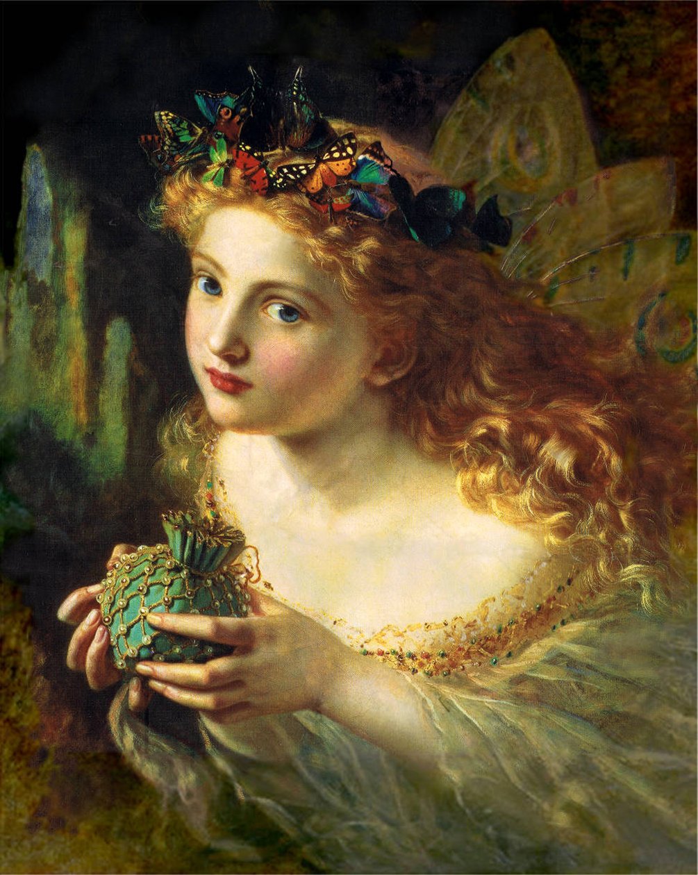 Neem het eerlijke gezicht van een vrouw en hang het zachtjes op, met vlinders, bloemen en juwelen erbij. Zo is je fee gemaakt van de mooiste dingen. door Sophie Gengembre Anderson