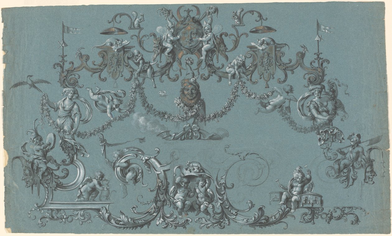 Arabesken met vrolijke putti, dieren en narren door South German 18th Century