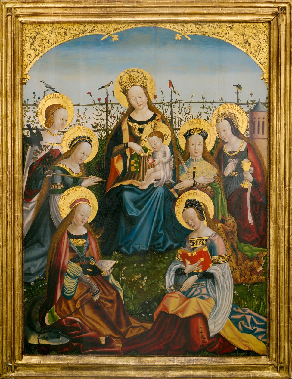 Drieluik van Maria en kind met heiligen (middenpaneel) door South German School