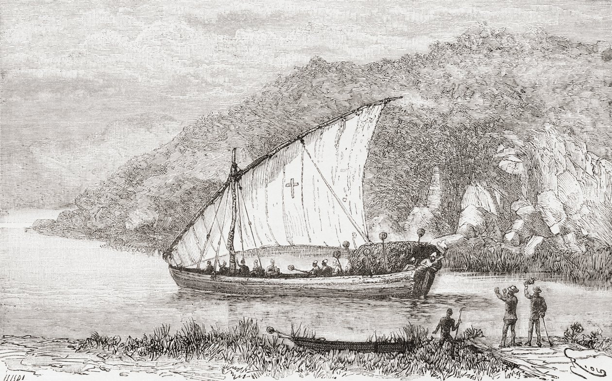 Een dhow op de Congo Rivier in de 19e eeuw, uit 