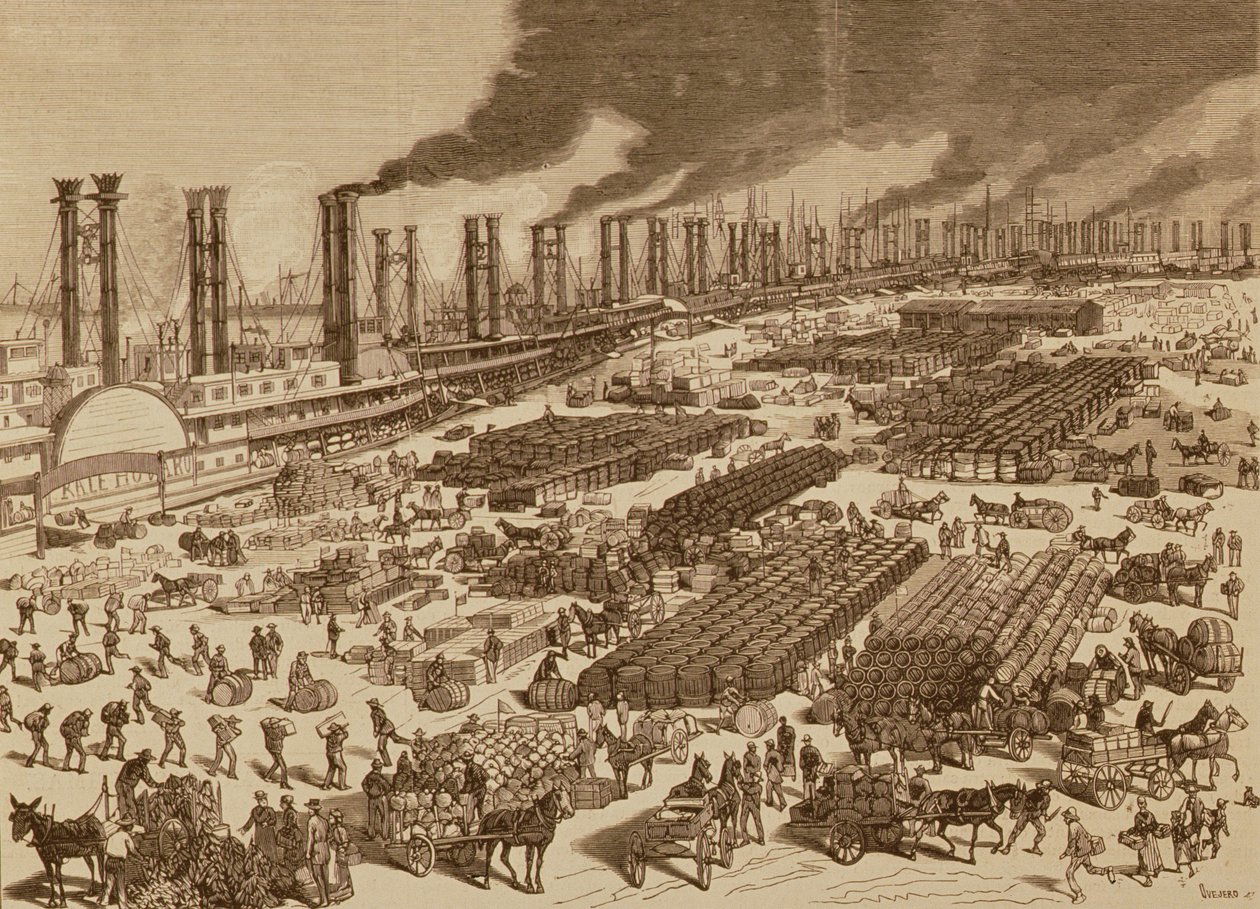 Commerciële Activiteit en een Uitzicht op de Kade in New Orleans in 1880 door Spanish School