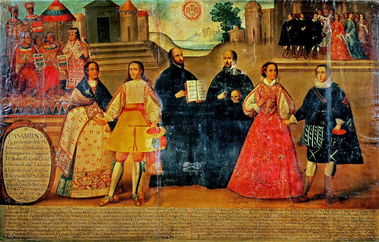 Dubbel huwelijk tussen twee Inca vrouwen en twee Spanjaarden in 1558, c.1750 door Spanish School