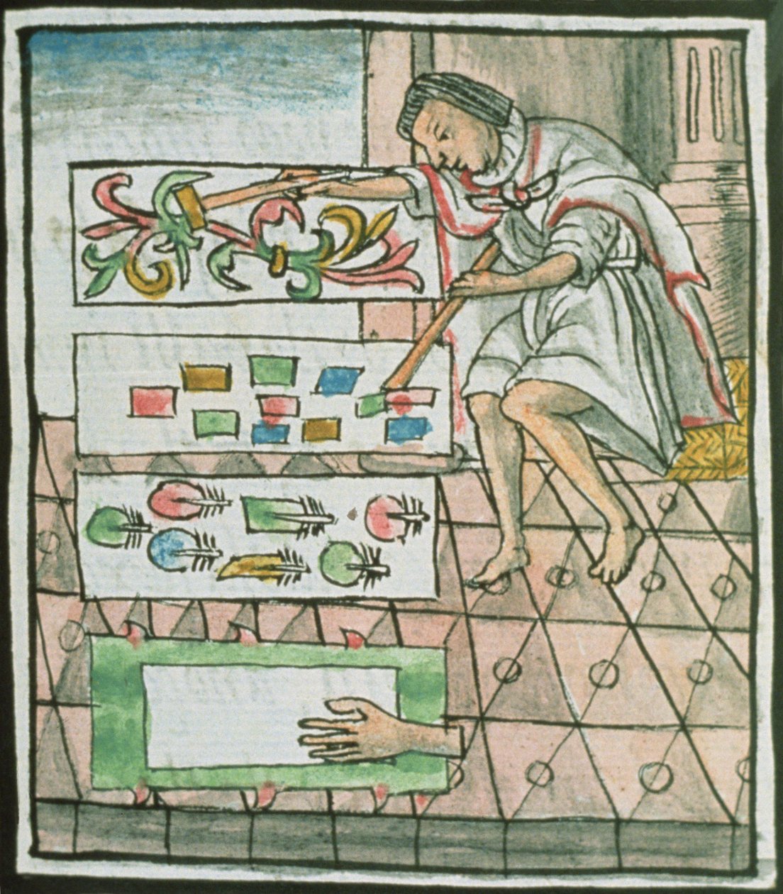 Ms Palat. 218-220 Boek IX Azteekse veerambachtsman ontwerpt en snijdt patronen, uit de 