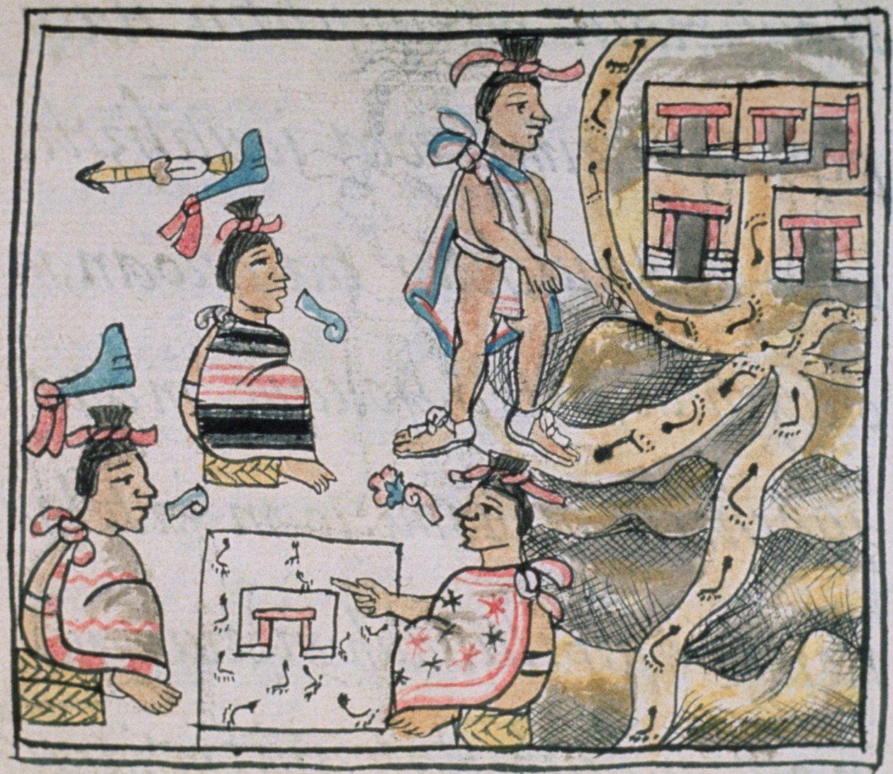 Azteken raadplegen en volgen een kaart, uit de 