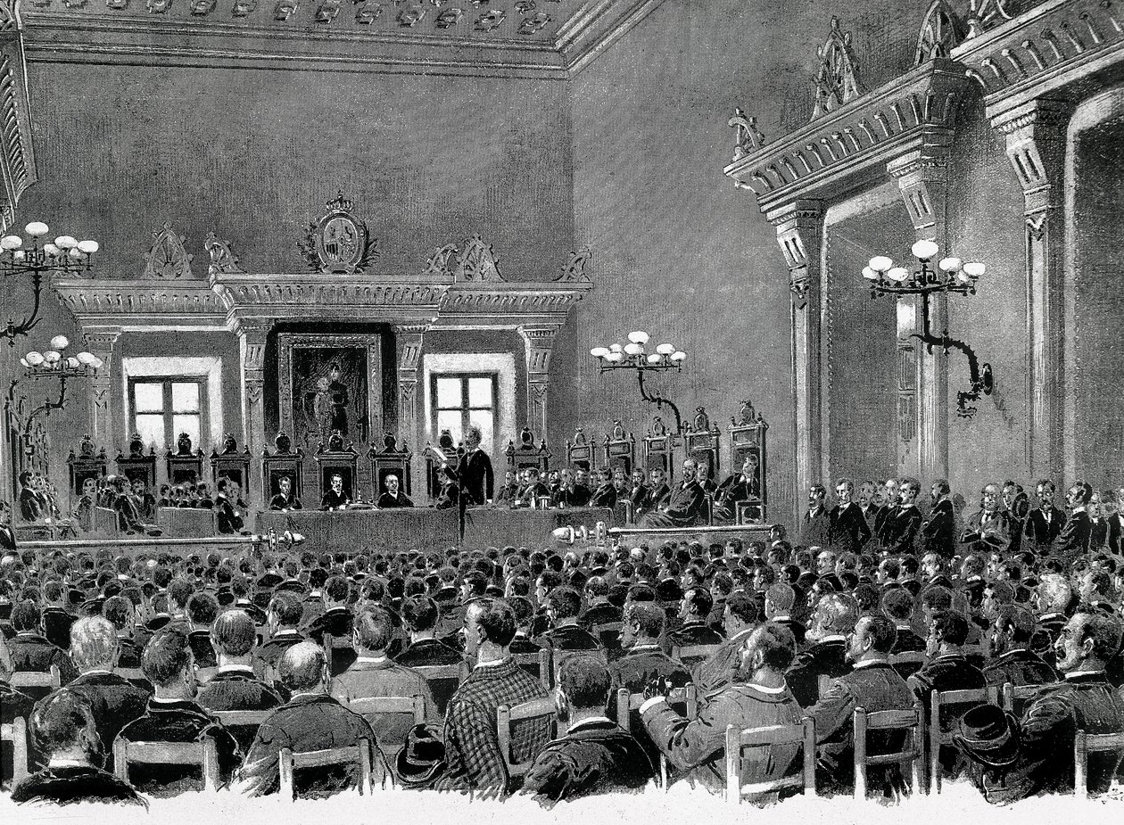 Een bijeenkomst van Catalaanse nationalisten verzameld in het stadhuis van Manresa, voor het opstellen van de 16 basisprincipes voor de Catalaanse regionale grondwet in 1892. door Spanish School