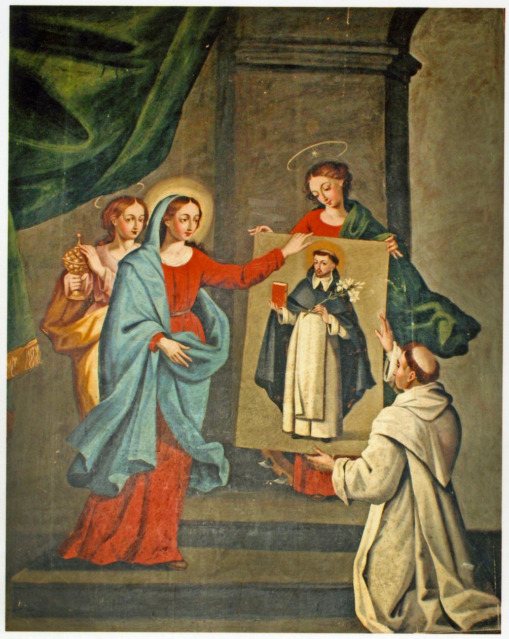 Een heilige presenteert een portret van St. Dominicus aan de Maagd Maria door Spanish School