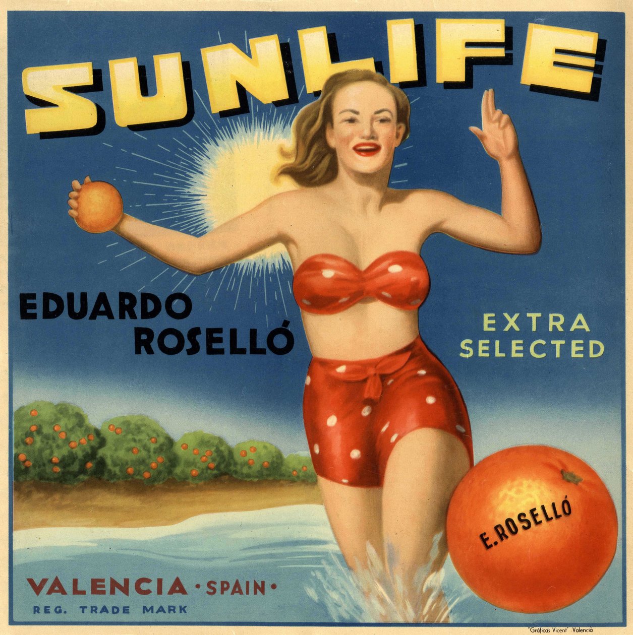 Reclame voor sinaasappels, afbeelding van een vrouw in een badpak. Reclameposter, Valencia door Spanish School