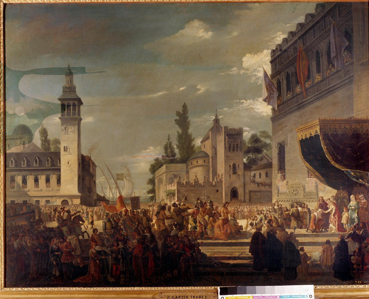 Christoffel Columbus presenteert inheemse mensen aan Ferdinand II en Isabella I van Castilië in Barcelona: de presentatie van de inwoners van Amerika aan de katholieke koningen door de ontdekkingsreiziger Christoffel Columbus (1451-1506). Schilderij door G door Spanish School