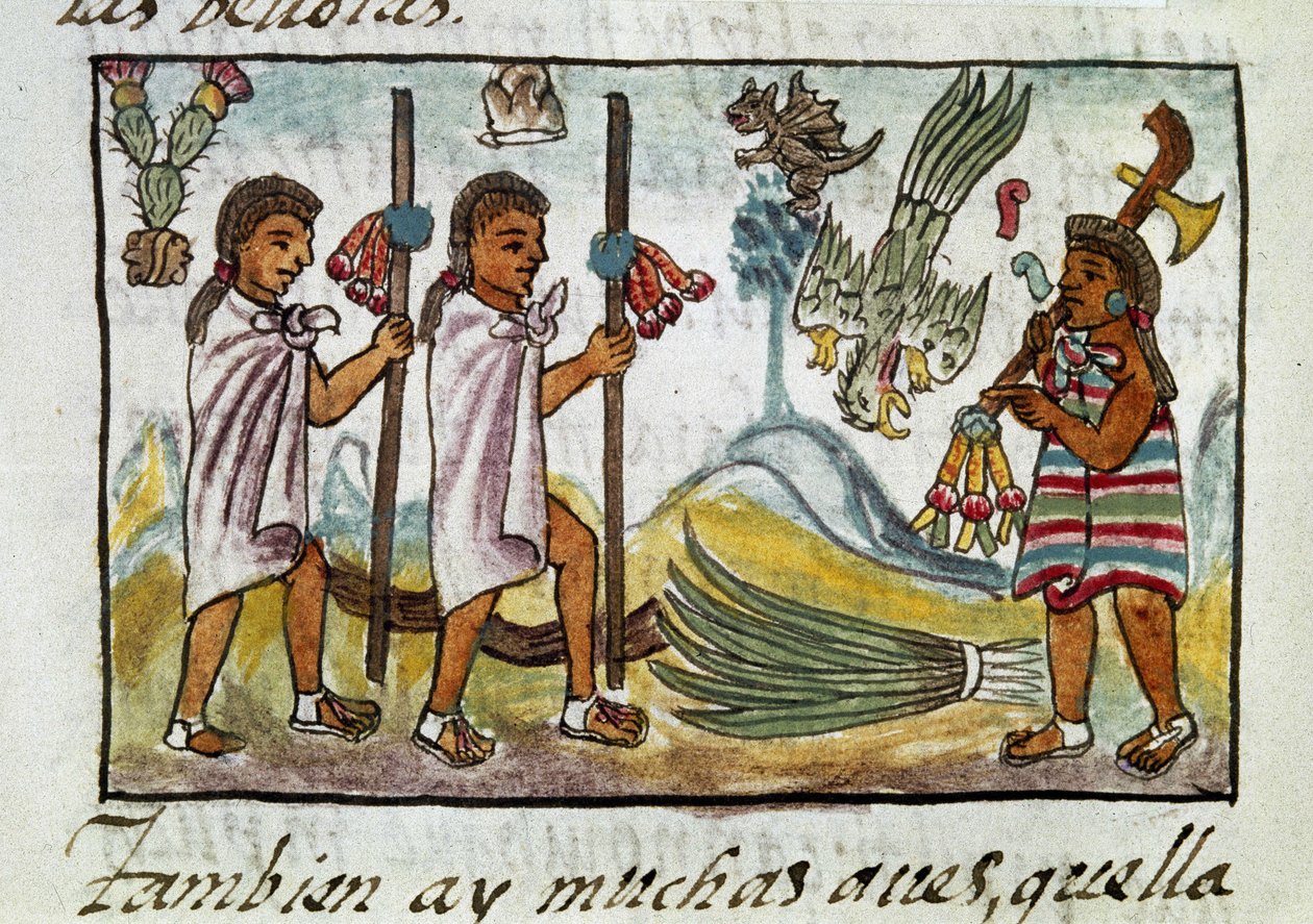 Codex van de verovering van Mexico: kooplieden vermomd in Tzinacantlan. Miniatuur van het Florentijnse manuscript 