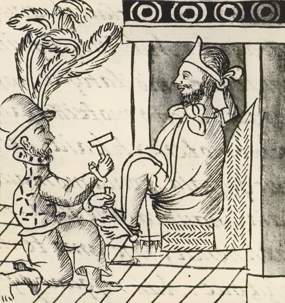 Codex van de verovering van Mexico: uitbraak van oorlog, De Azteekse keizer Montezuma in ketenen door Spanish School