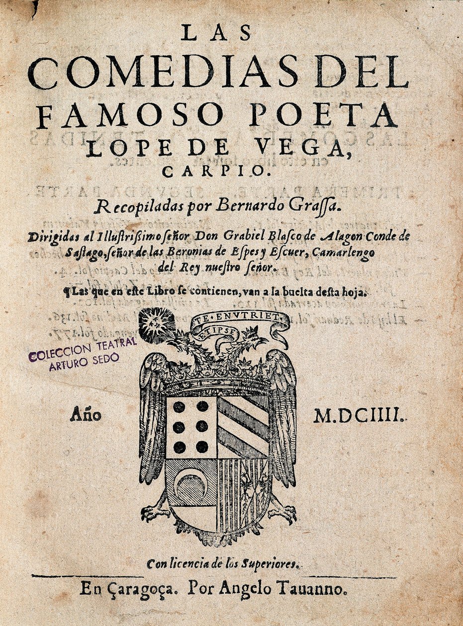 Omslag van Las comedias del famoso poeta Lope de Vega, door Felix Lope de Vega Carpio (1562-1635), editie van 1604 door Spanish School