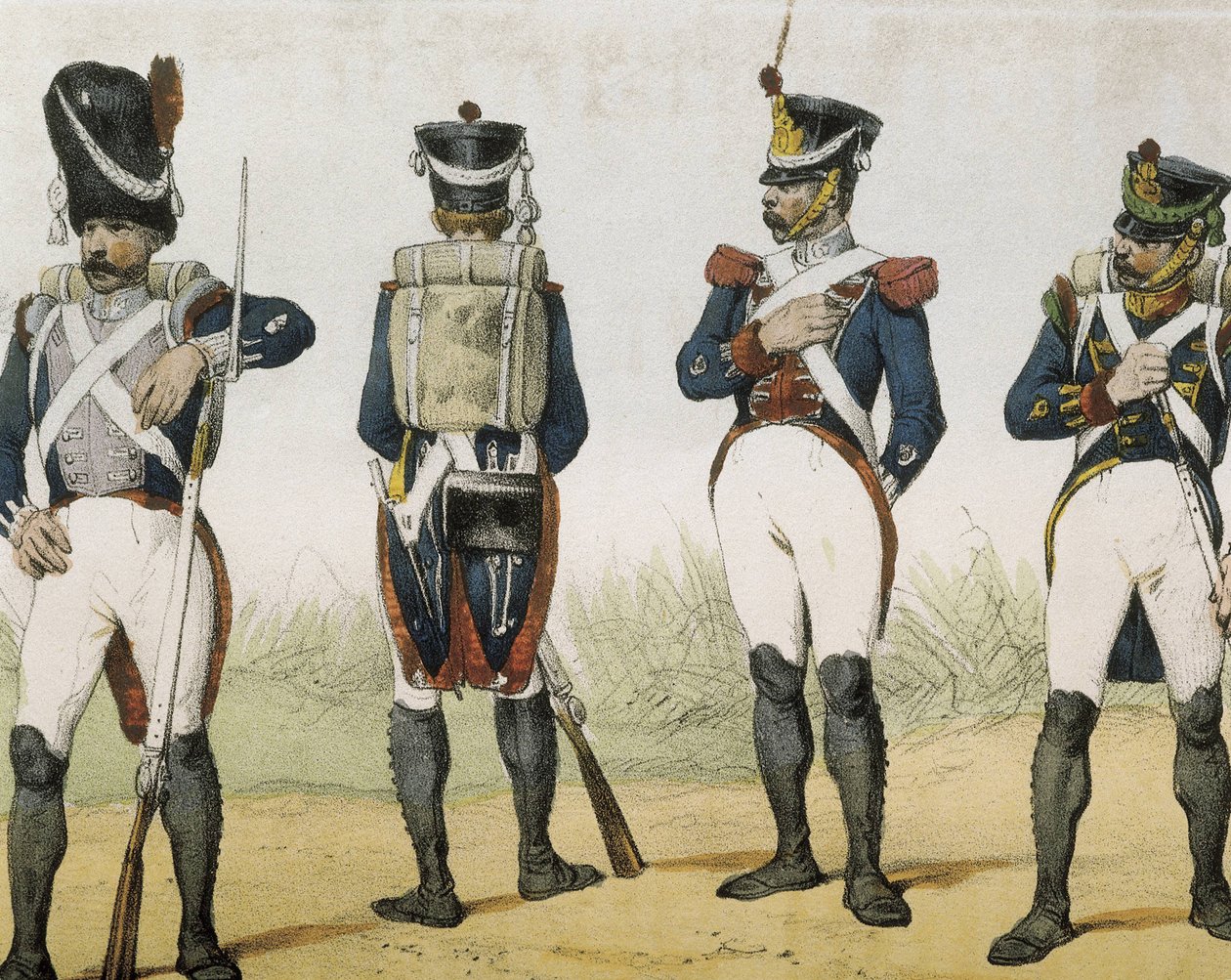 DE SOTTO, Serafin Maria, Graaf van Clonard (1793 - 1862). Historia organica de las armas de Infanteria y Caballeria espanolas. 1851 - 1859. Infanteristen tijdens het bewind van Ferdinand VII van Spanje. Grenadier, scherpschutter, sergeant en jager (1815-18 door Spanish School