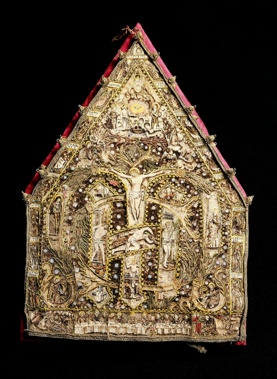Bisschopsmijter in goud versierd met veermozaïeken gemaakt door Spaanse missionarissen in Mexico. 16e eeuw door Spanish School