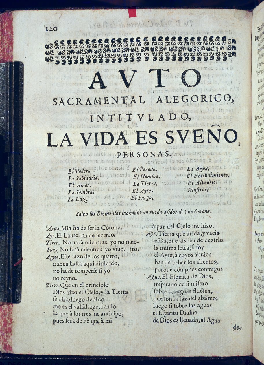 Eerste pagina van La Vida es Sueno uit Los Autos Sacramentales door Pedro Calderon de la Barca (1600-81) bewerkt door Juan Garcia Infanzon, 1690 door Spanish School