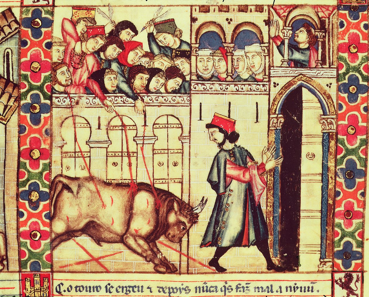 Dood van een stier in de arena, uit het manuscript gemaakt onder leiding van Alfonso X De Wijze Koning van Castilië en León door Spanish School