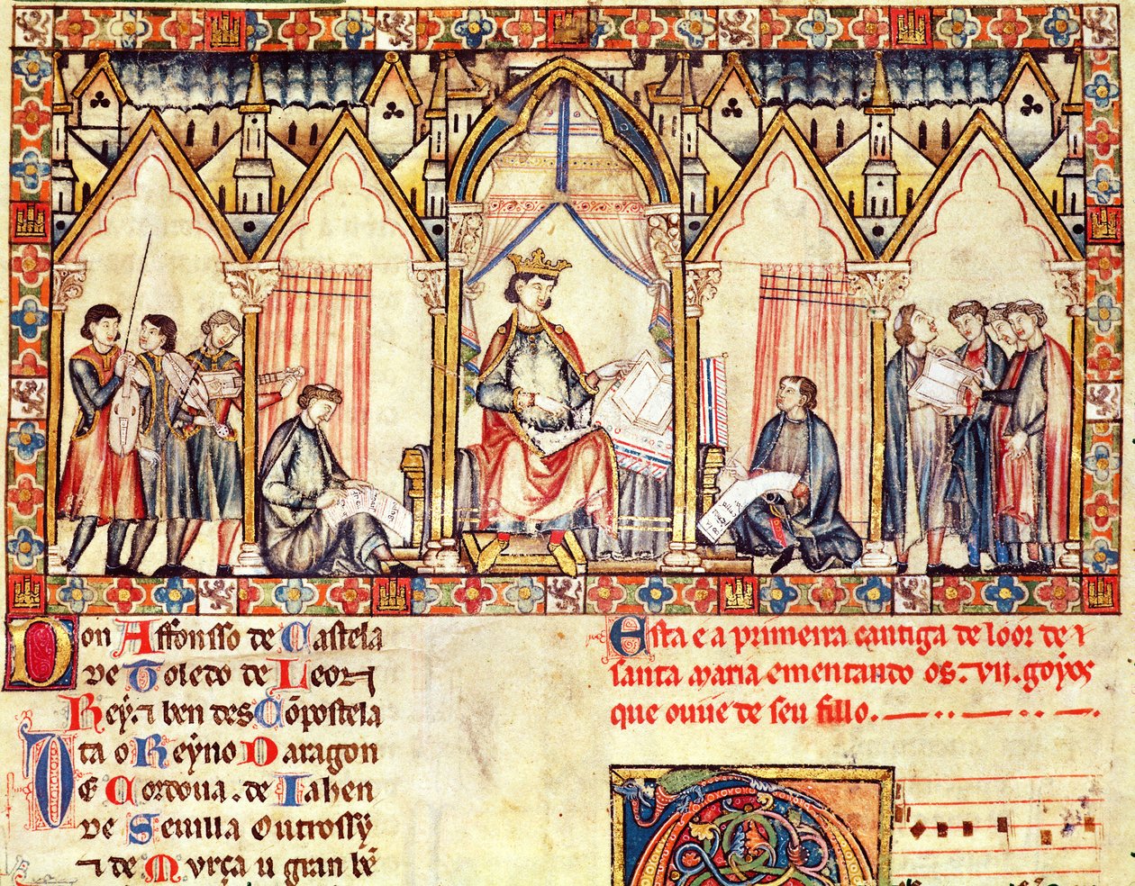 Fol.5r Het hof van Alfons X (1221-84) de Wijze, koning van Castilië en León, miniatuur uit de Cantigas de Santa Maria door Spanish School