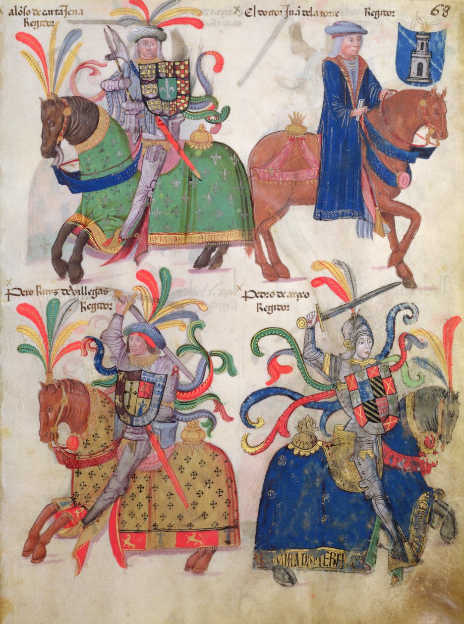 Vier ridders, uit het Libro de Los Caballeros de la Cofradia de Santiago door Spanish School