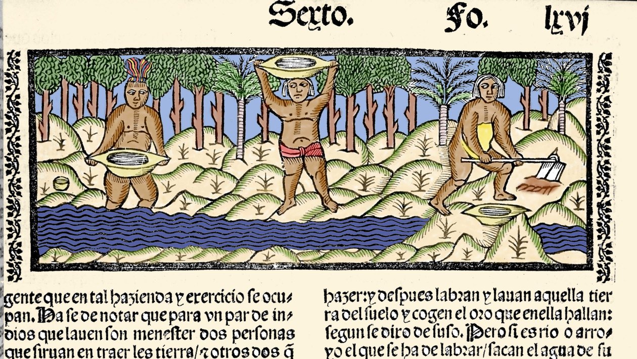 Goudwinning: inheemse mensen zeven de rivier op zoek naar goud. Gravure uit het boek 