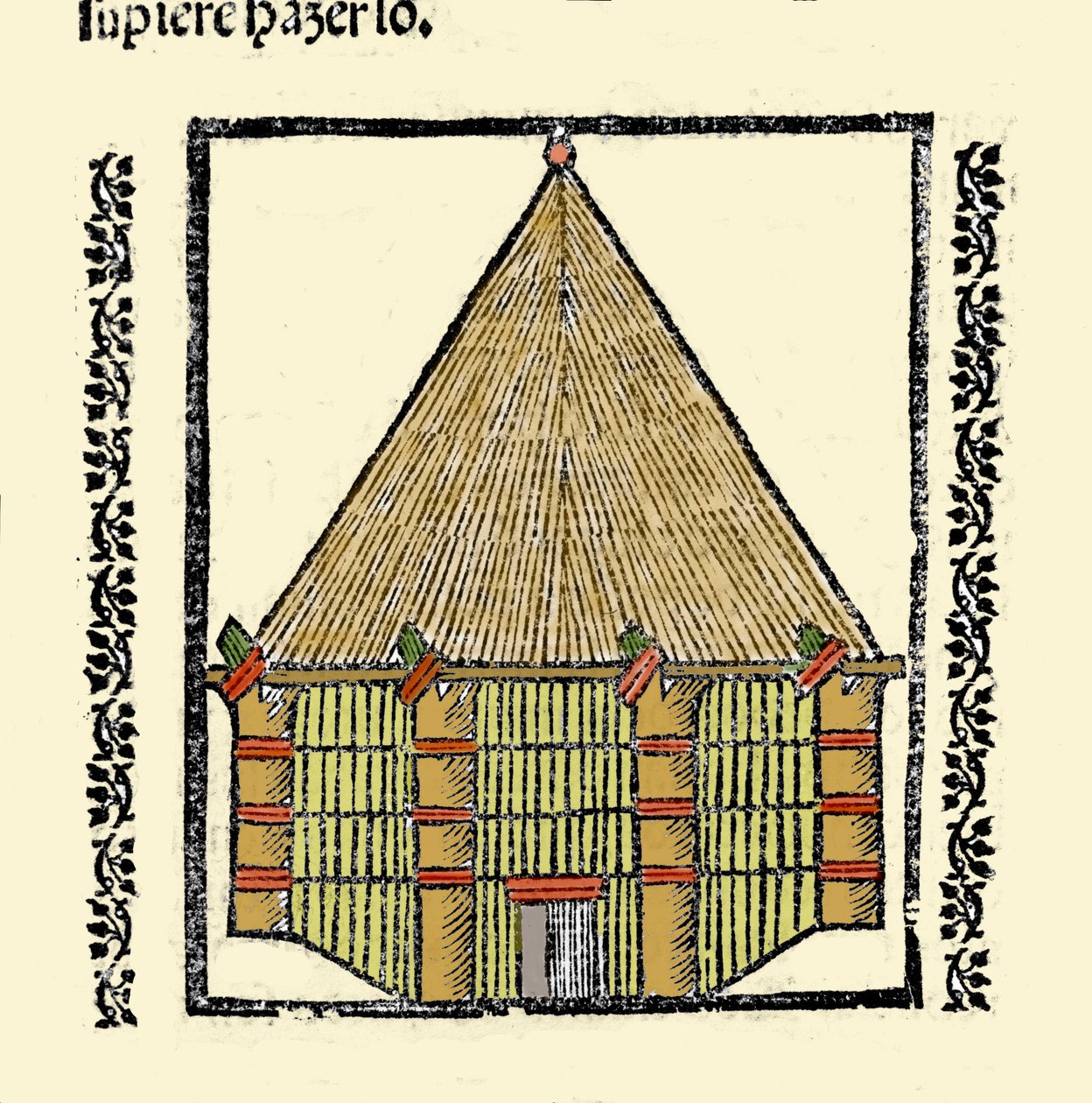 Habitat: beschrijving van de hut van de inheemse Caraïben. Gravure uit het boek 