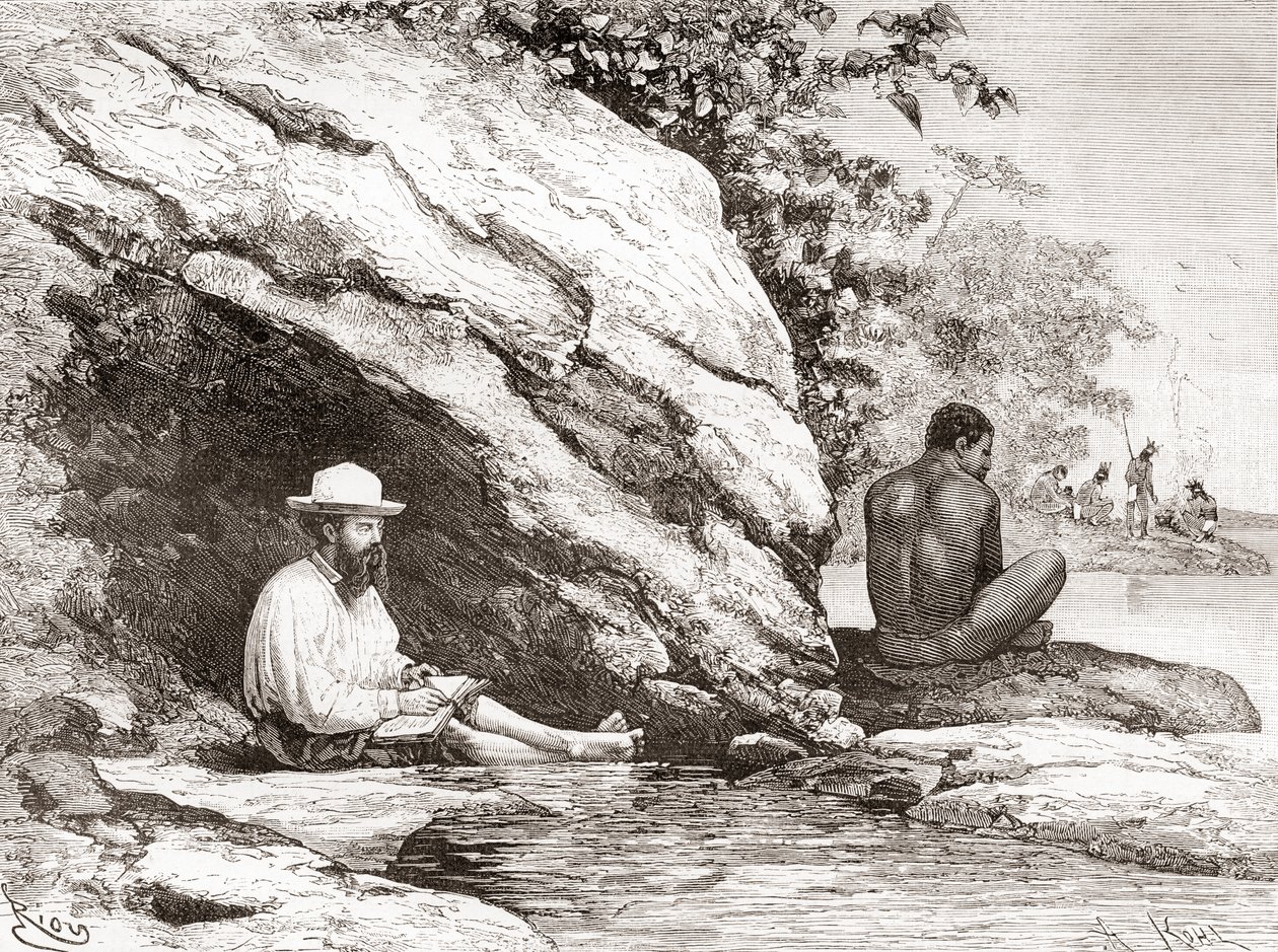 Jules Crevaux, tijdens zijn verkenning van Frans-Guyana in 1878, in de schaduw van een rots aan de oevers van de Oyapock of Oiapoque rivier door Spanish School