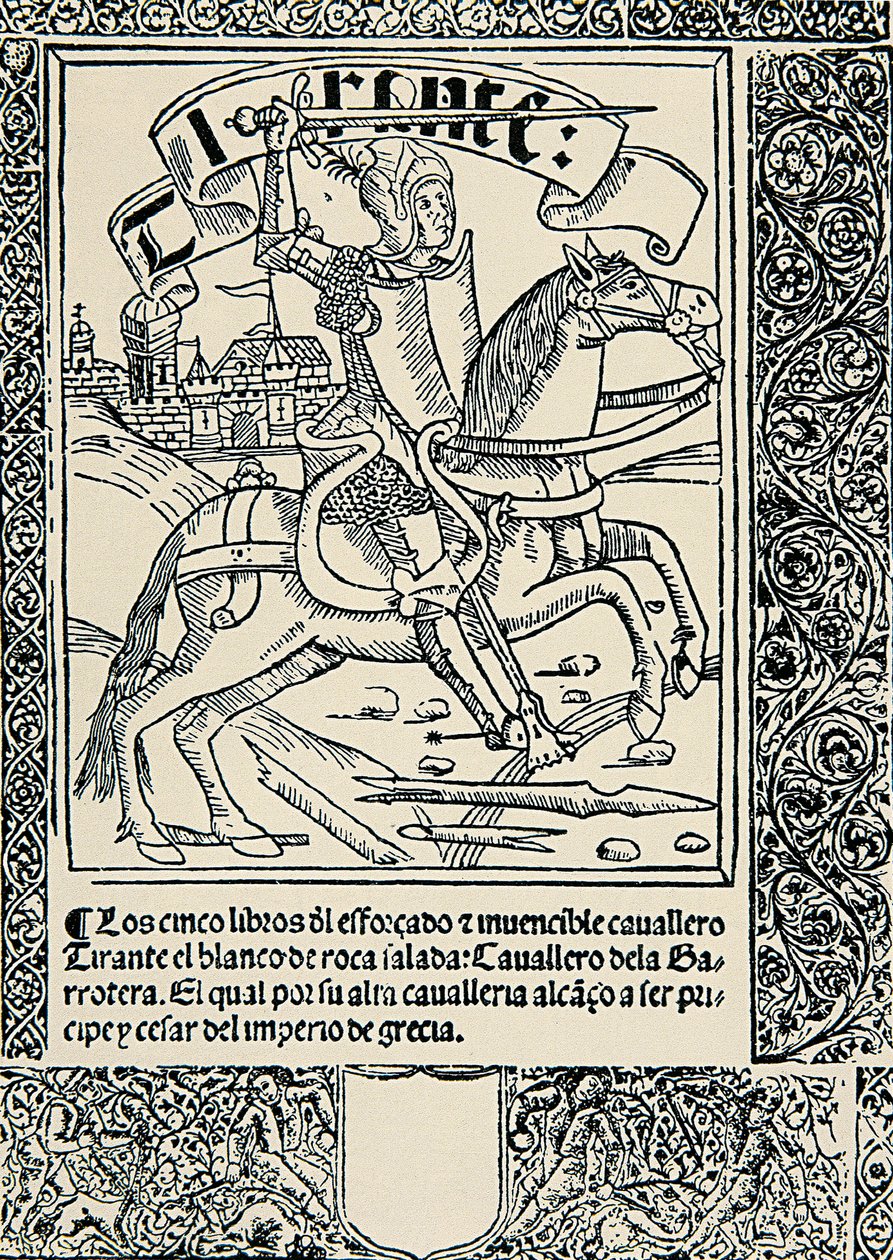 Ridder op zijn rijdier, Frontispice van het Spaanse werk Tirant lo Blanc door Joanot MARTORELL (1413-1468) door Spanish School