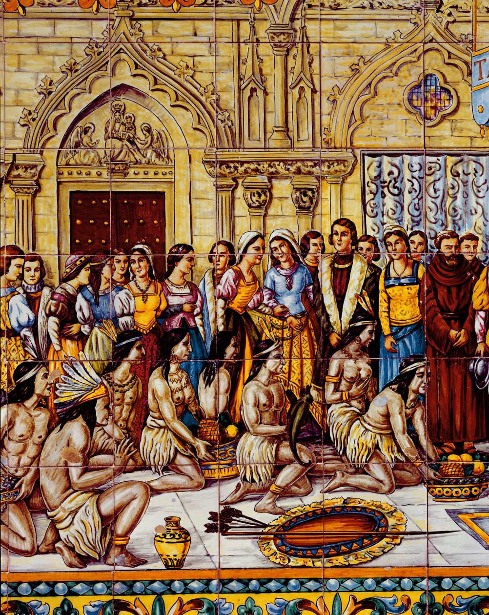 Inheemse Amerikanen gebracht in het gevolg van Columbus naar Spanje in 1492 (keramiek) door Spanish School