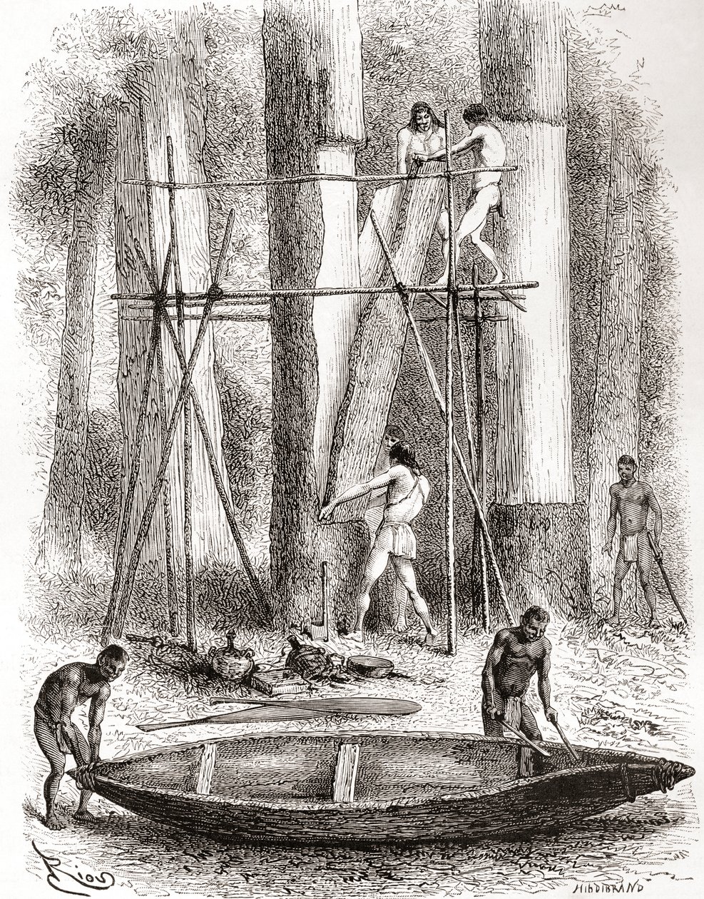 Inheemse Indianen bouwen een kano aan de oevers van de Oyapock of Oiapoque Rivier, Zuid-Amerika (gravure) door Spanish School