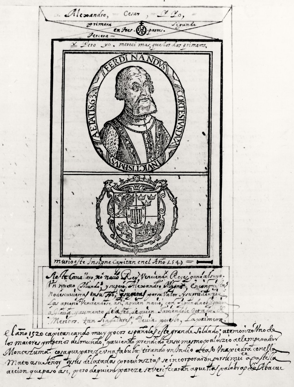 Portret van Hernando Cortes (1485-1547) en zijn wapens door Spanish School