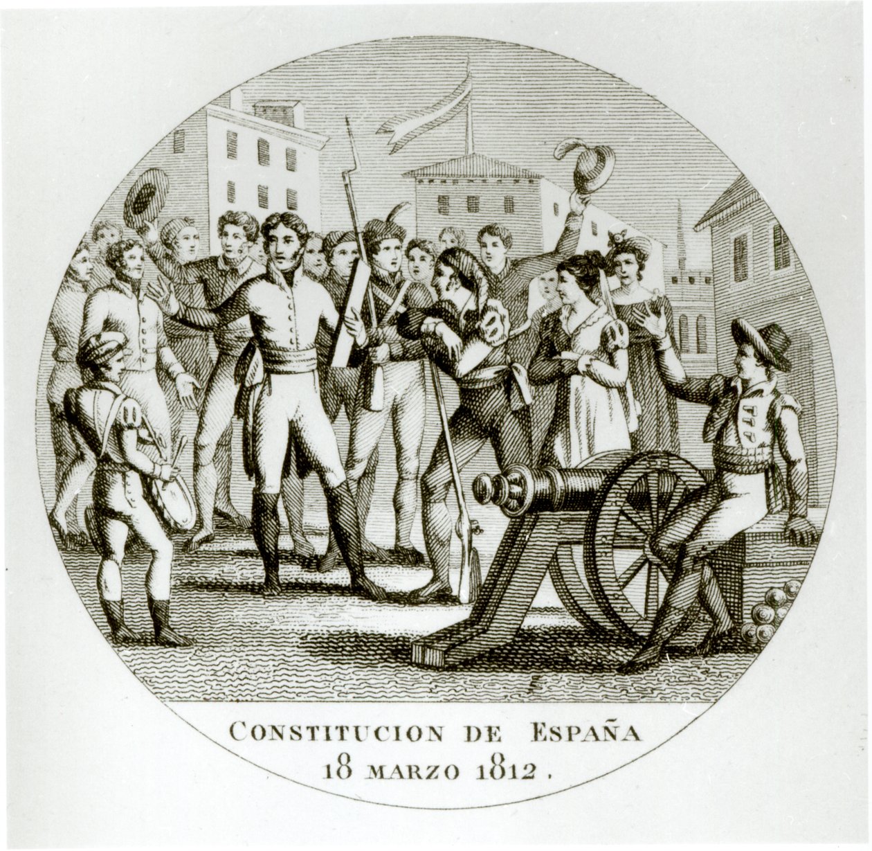 Proclamatie van de liberale grondwet van 18 maart 1812, door de patriotten, afgekondigd in Cadiz door de Cortes door Spanish School