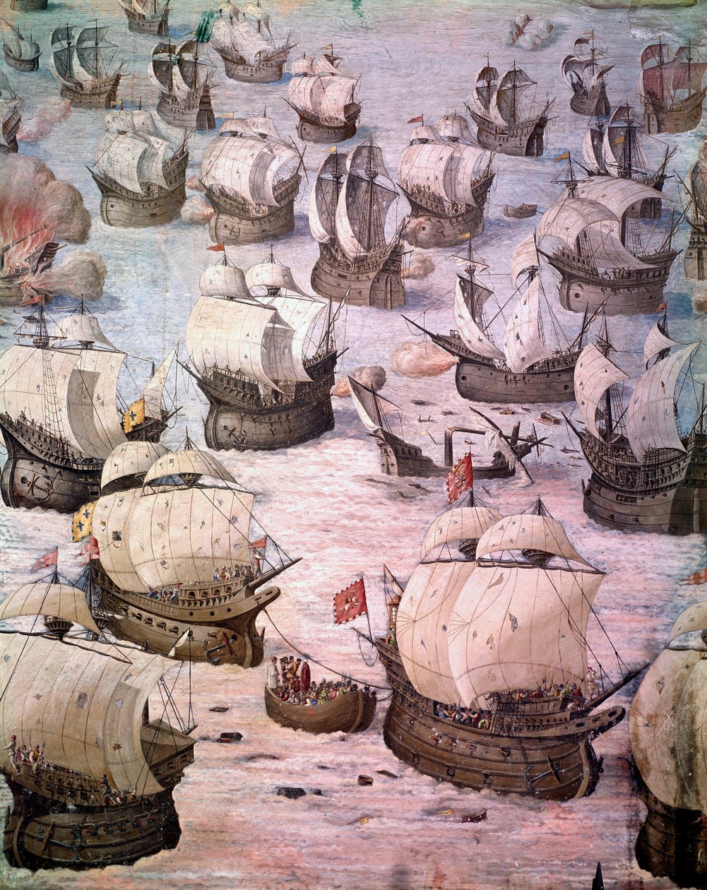 Regatta van Spaanse galeien tijdens een expeditie naar de Azoren in 1582 onder Filips II, koning van Spanje. 16e-eeuwse fresco. Zaal van de Slagen, Paleis van het Escorial, Madrid door Spanish School