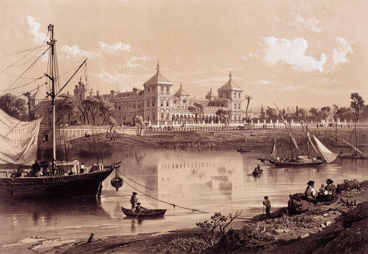 Sevilla, San Telmo-paleis aan de oever van de Guadalquivir-rivier. Andalusië, Spanje (19e eeuw). Madrid, Nationale Bibliotheek. door Spanish School