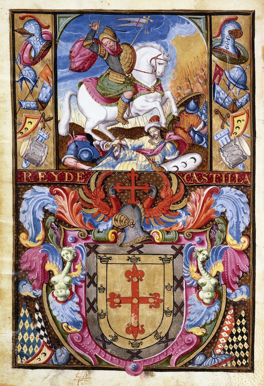 St. Jacobus op een wit paard rijdend over de lijken van Moren en het familiewapen van de familie Gomez, 1606 door Spanish School
