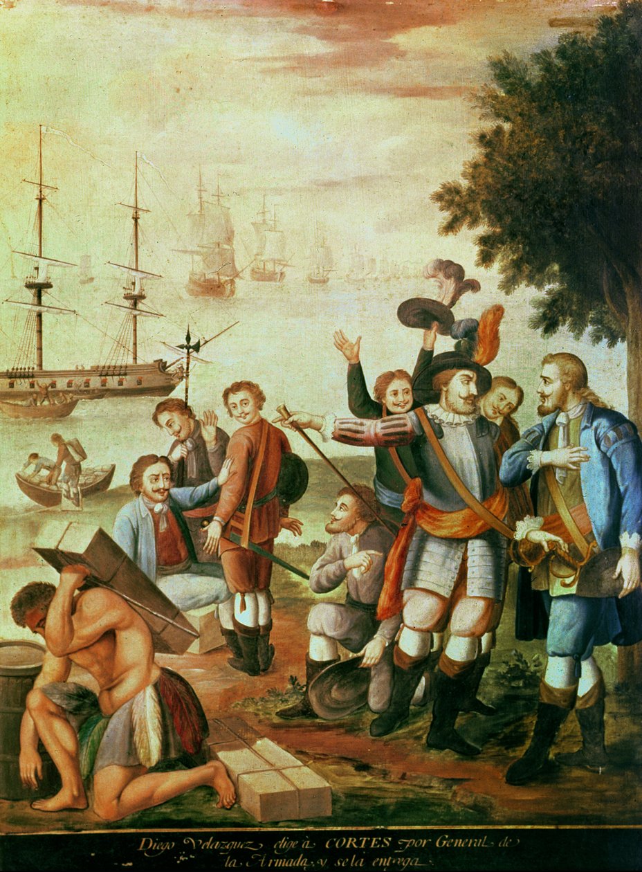 De verovering van Mexico: Diego Velasquez de Cuellar (1465-1524) kiest Hernando Cortes (1485-1547) als generaal van de Armada en geeft hem het bevel door Spanish School