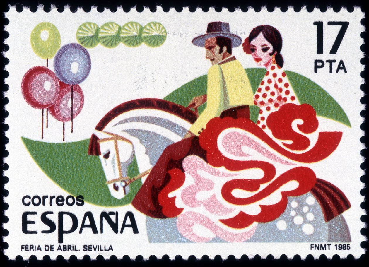 De Feria van Sevilla: koppel in volkskostuum te paard - Spaanse postzegel door Spanish School