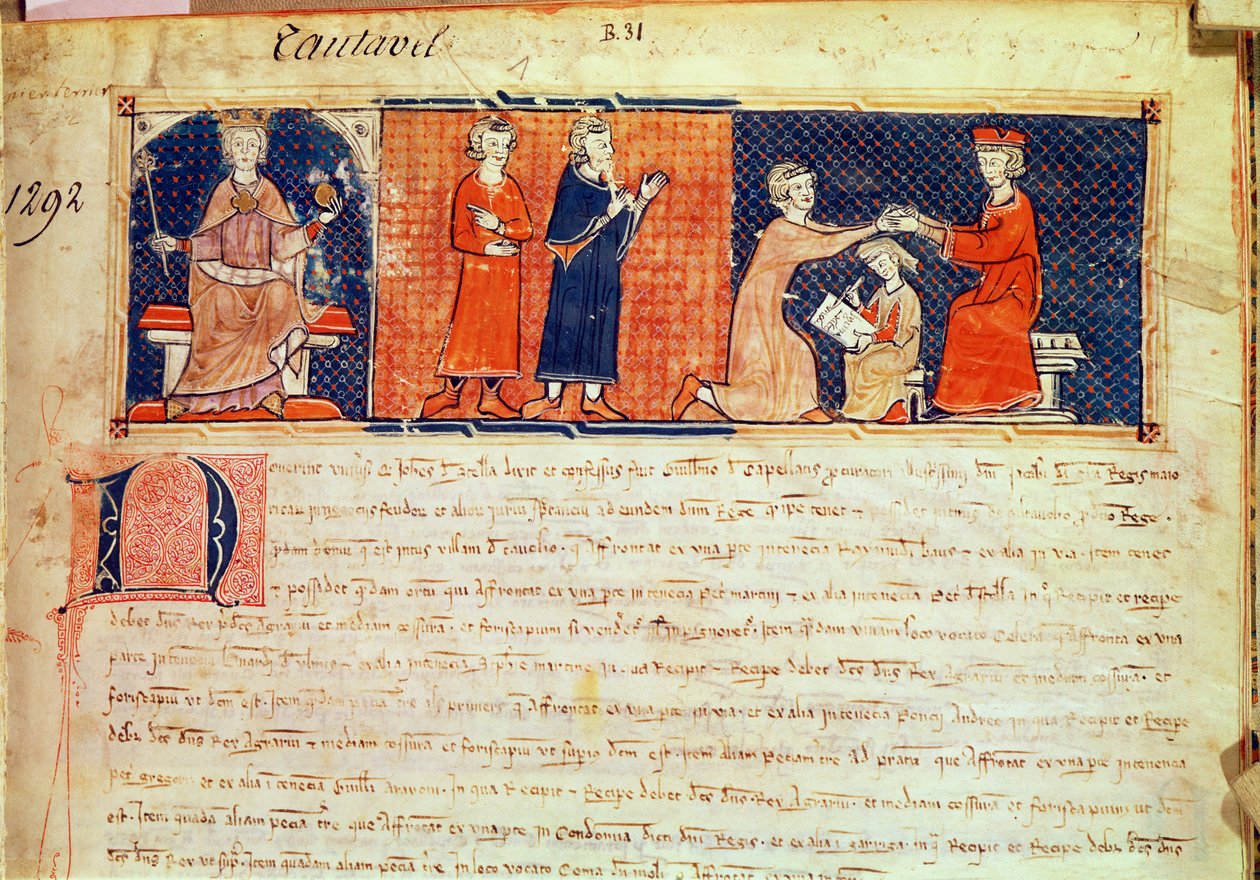 De feodale heer preekt zijn preek voor de koning van Majorca, James I (1207-76) uit de Capbreu de Clayra et de Millas, 1292 door Spanish School
