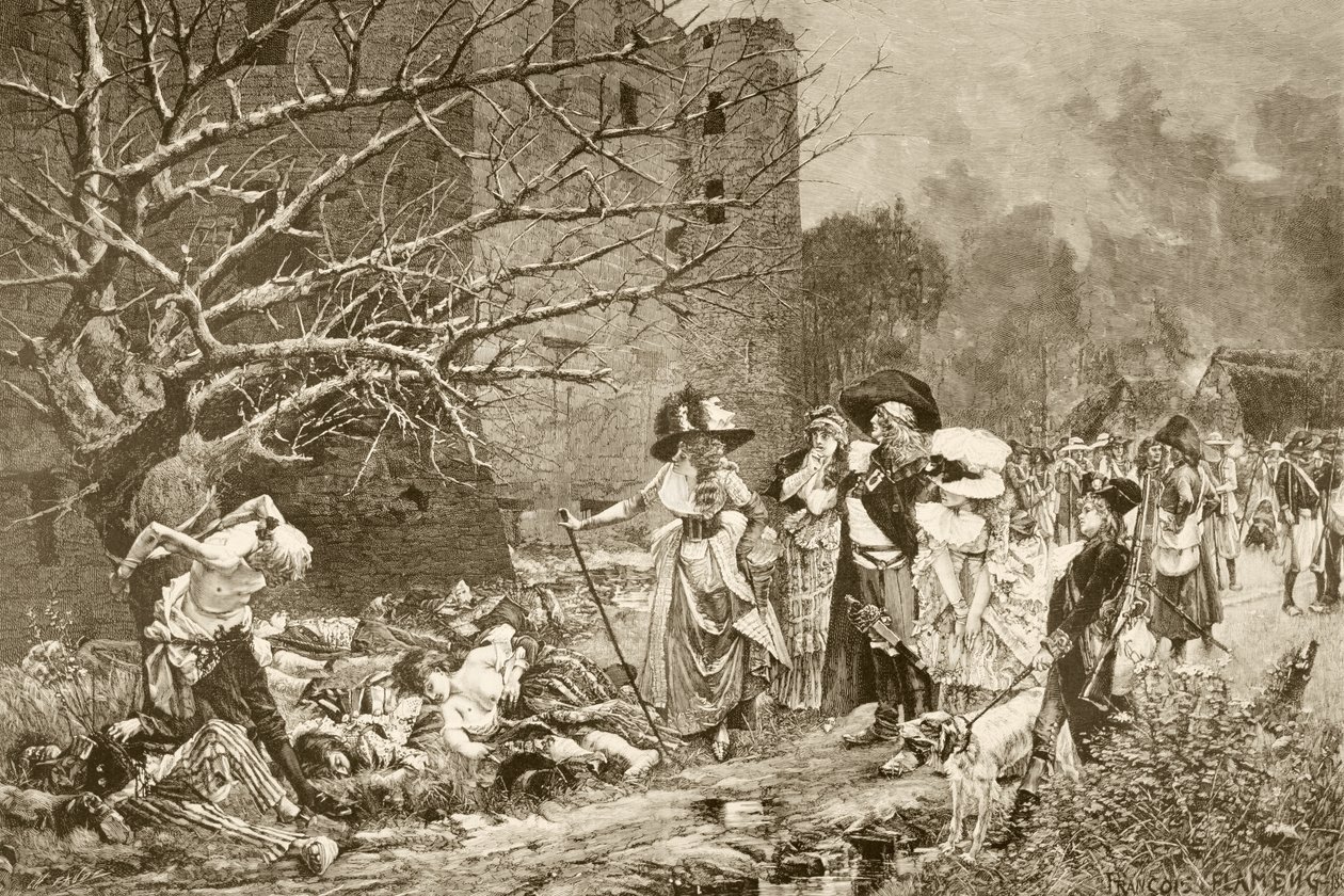 Het bloedbad van Machecoul, Frankrijk, tijdens de Franse Revolutie, naar een schilderij van Francois Flameng, uit 