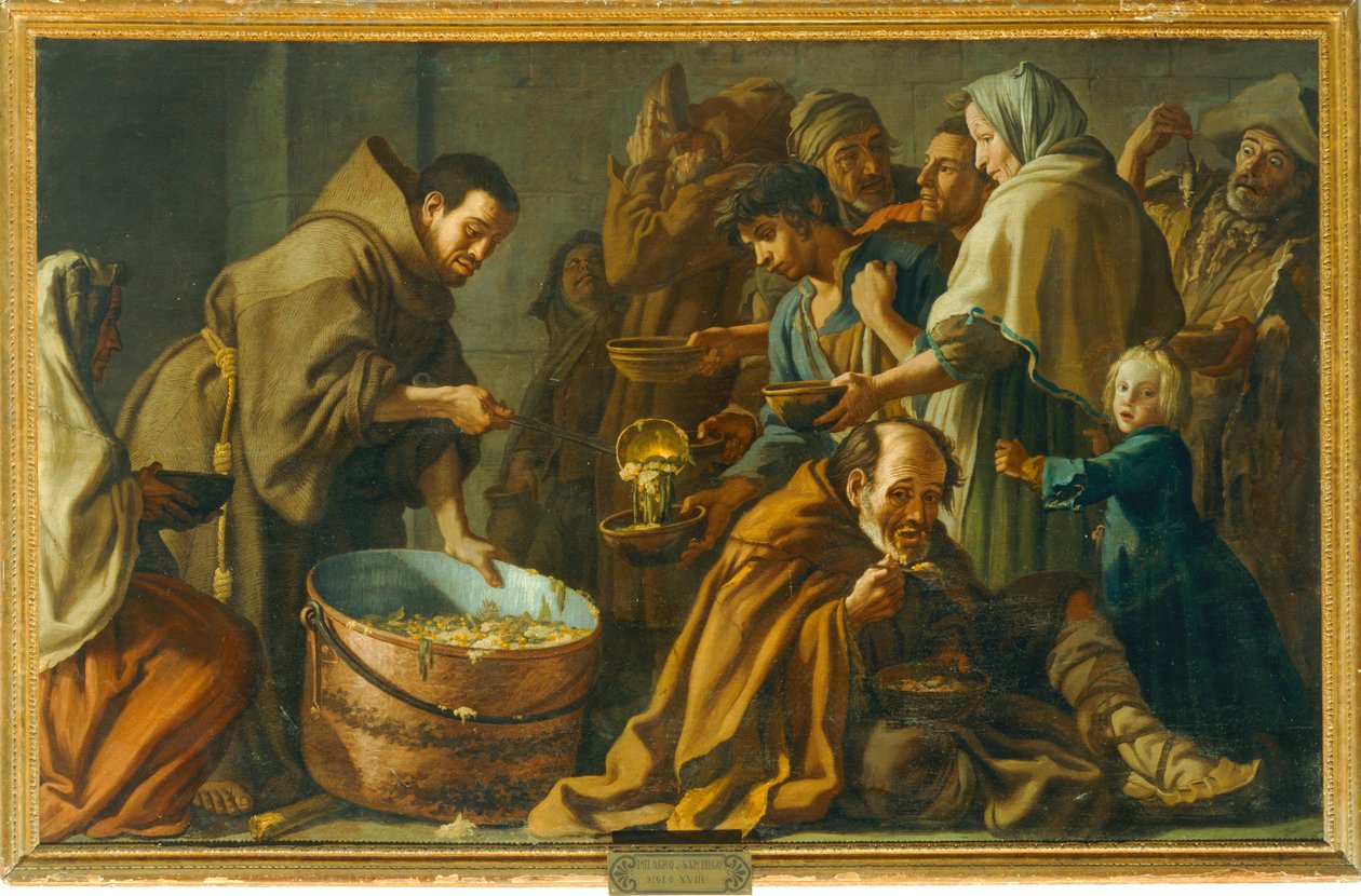 Het wonder van de heilige Didacus van Alcala. Verrast tijdens een verboden voeding van de armen, het brood in zijn ... door Spanish School