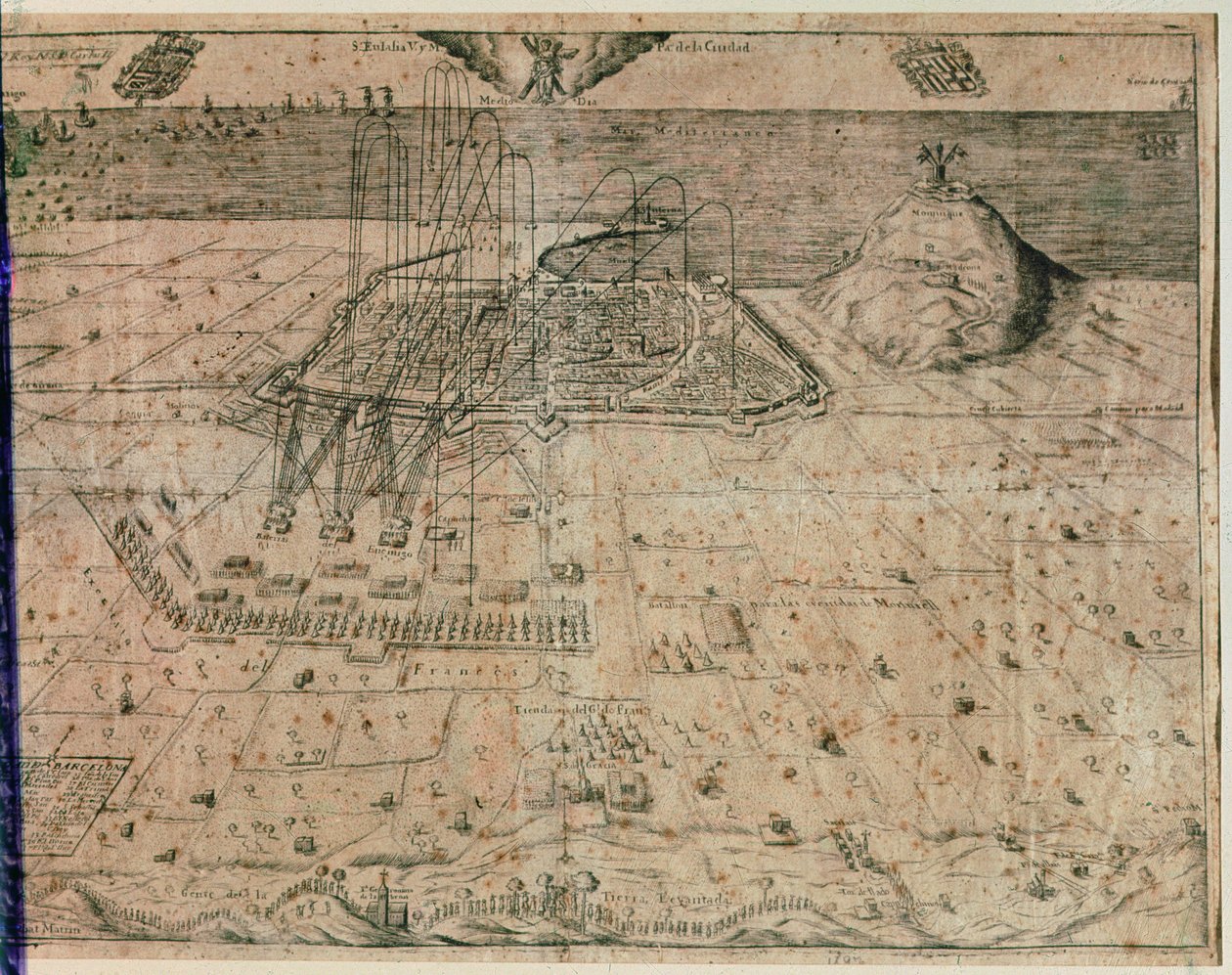 Het beleg van de stad Barcelona door troepen van koning Filips IV tijdens de Oorlog van de Oogsters van 1640-52 (gravure) door Spanish School