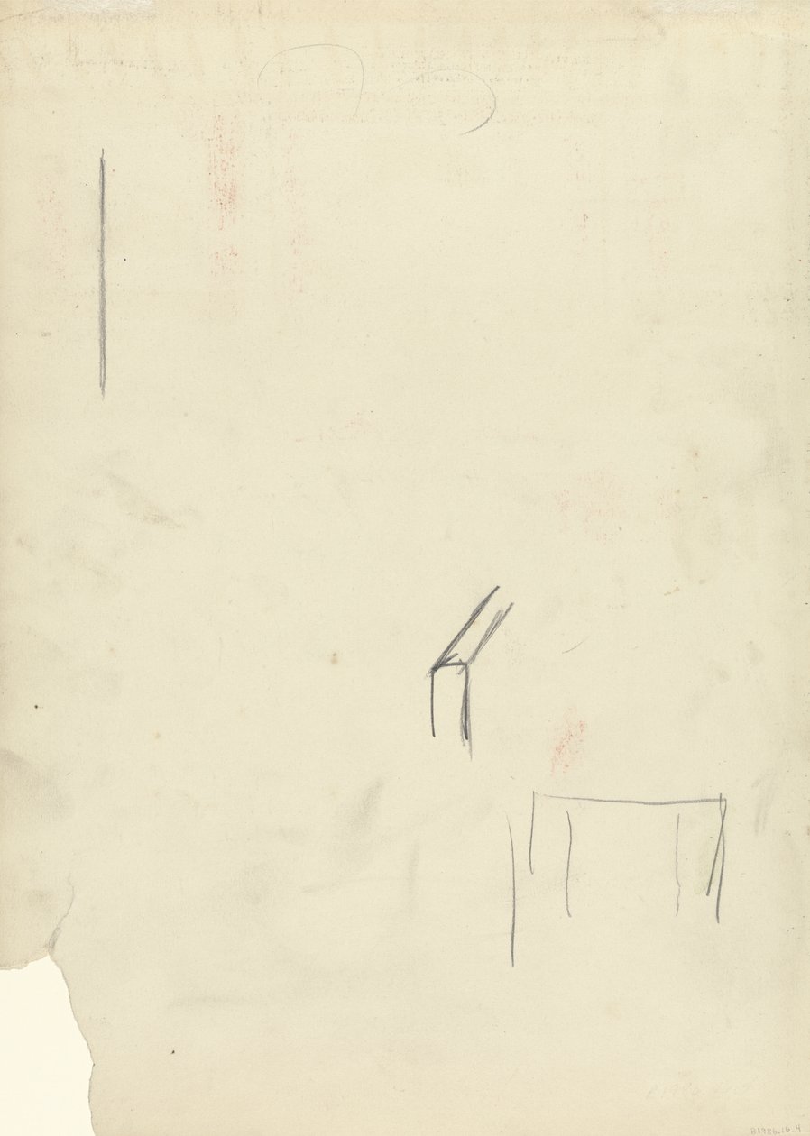 Potloodschets van onidentificeerbaar object, voor de Cave of the Golden Calf door Spencer Frederick Gore