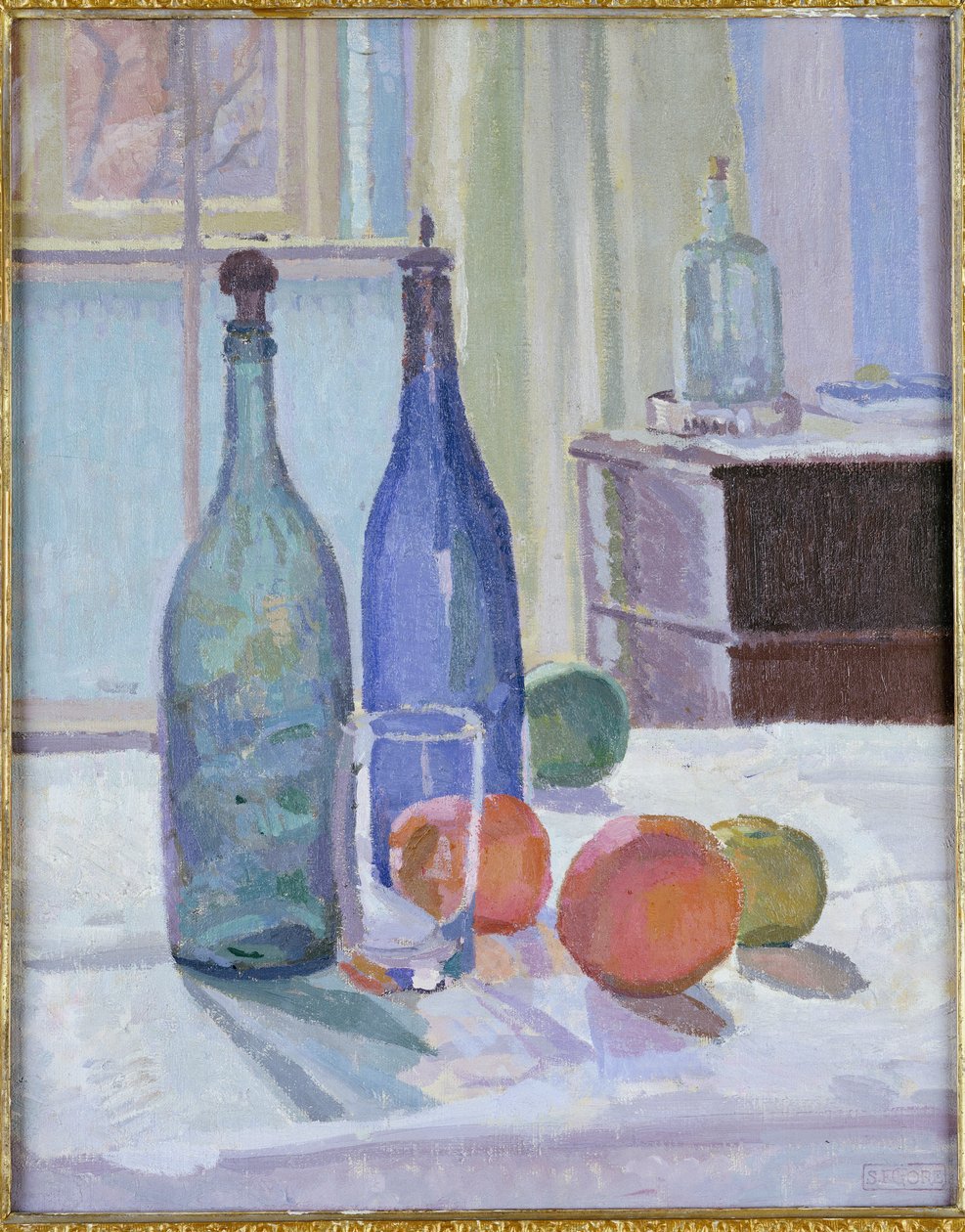 Blauwe en Groene Flessen en Sinaasappels door Spencer Frederick Gore